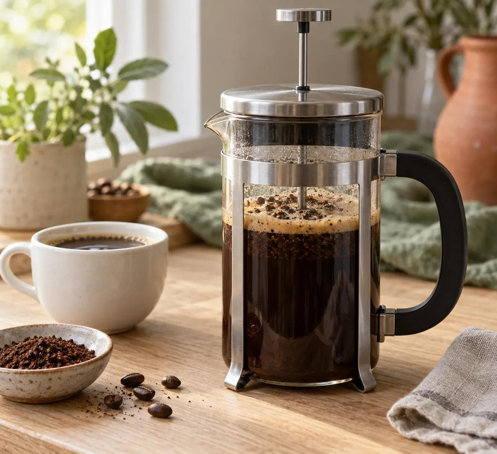 Üveg french press kávéfőző acélkerettel egy világos fa pulton, benne sötét, frissen áztatott kávé világos habbal a tetején; mellette egy fehér csésze fekete kávé, egy tálka durva őrlet és néhány kávészem. Mesterséges intelligenciával generált illusztráció.