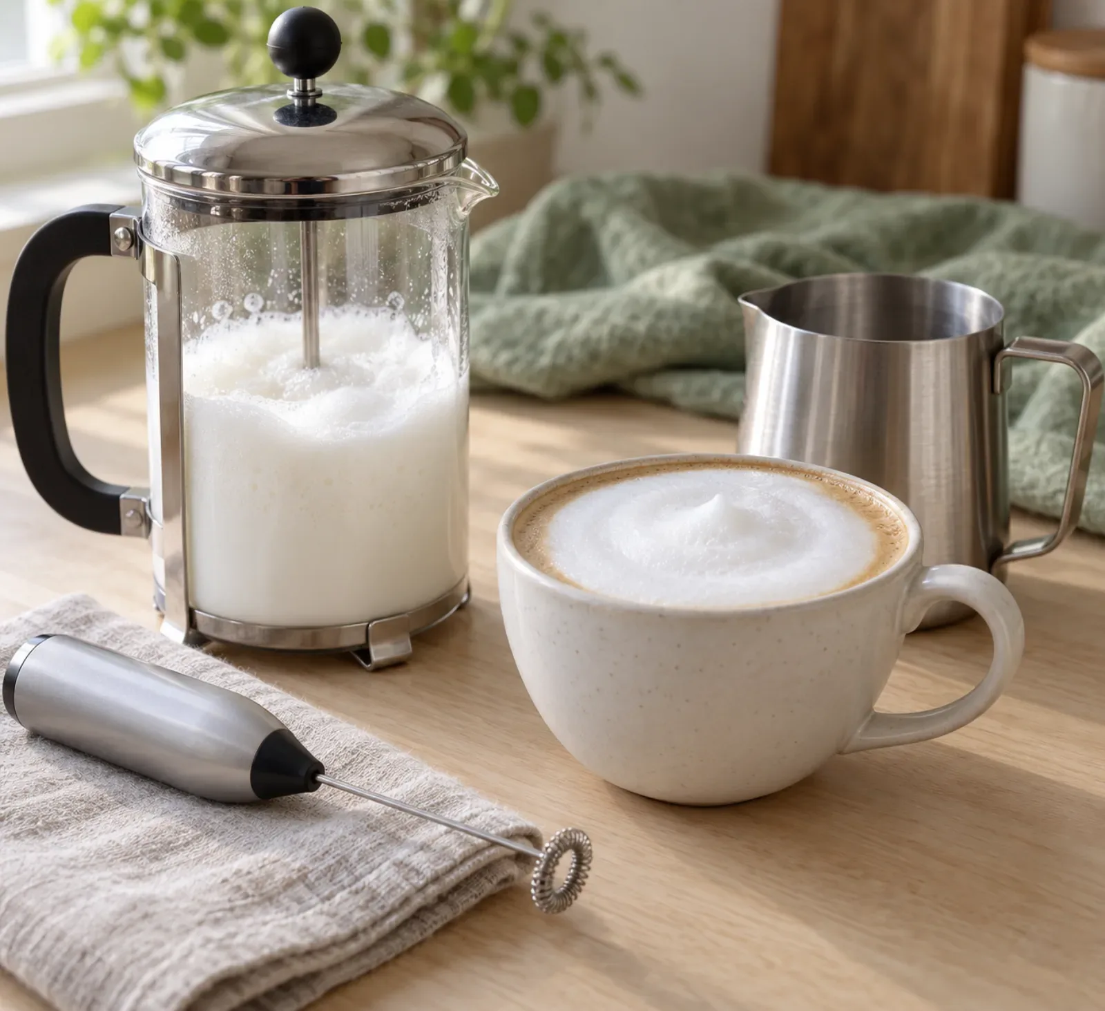 Üveg french press vastag, fényes fehér tejhabbal egy világos fa pulton, mellette egy széles fehér csésze tejhabos kávéval, egy kis acél tejkiöntő és egy elemes kézi tejhabosító egy vászonszalvétán. Mesterséges intelligenciával generált illusztráció.