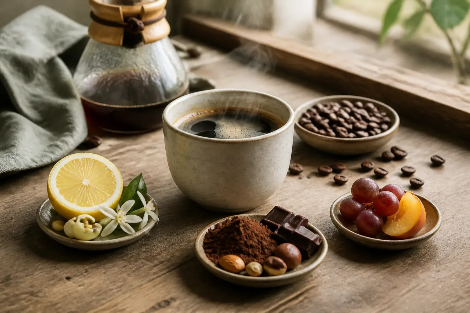 Kávéscsésze citrusos, csokoládés és gyümölcsös ízjegyeket idéző csendéletben